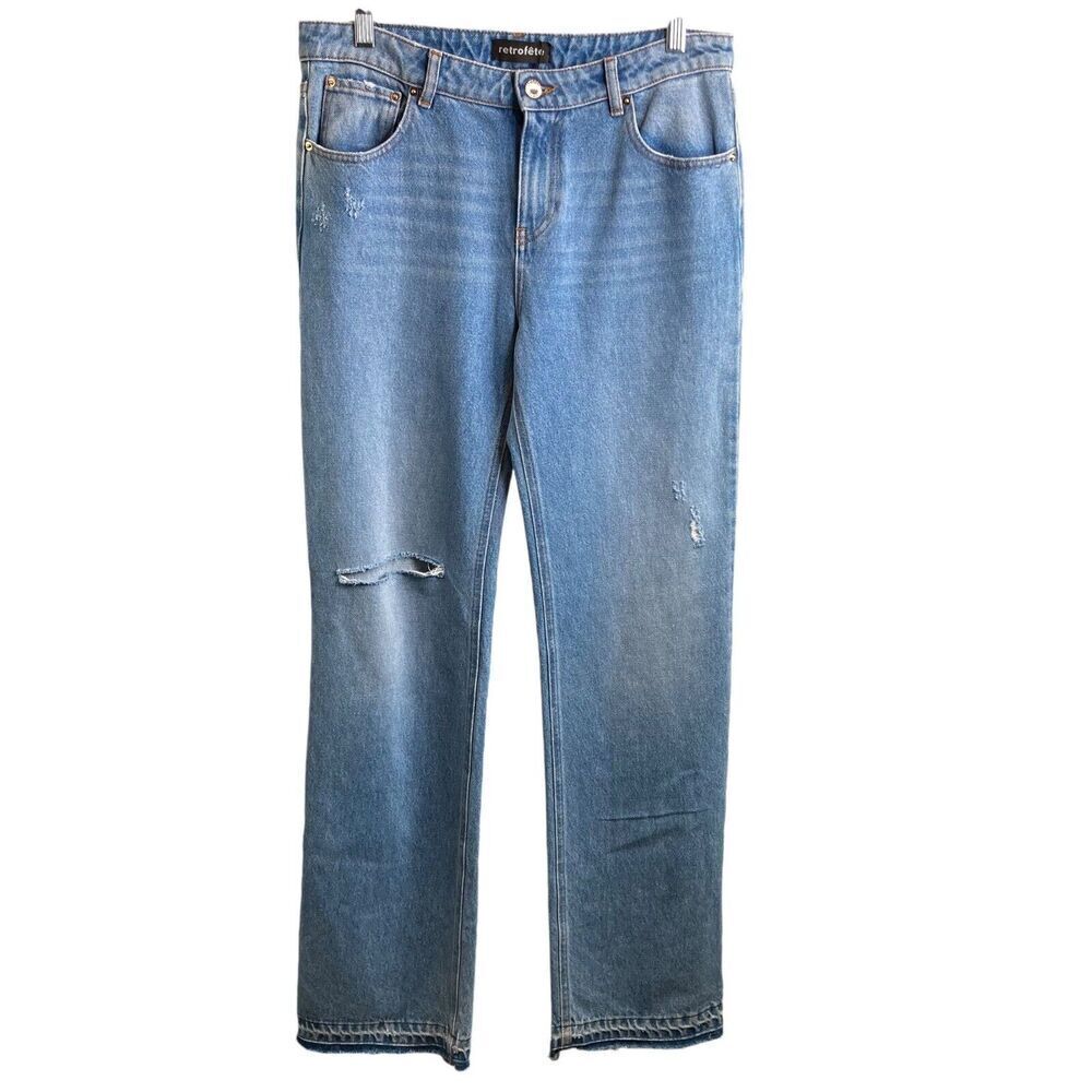 Retrofete Straight Leg Jeans in Light Blue Distressed Denim